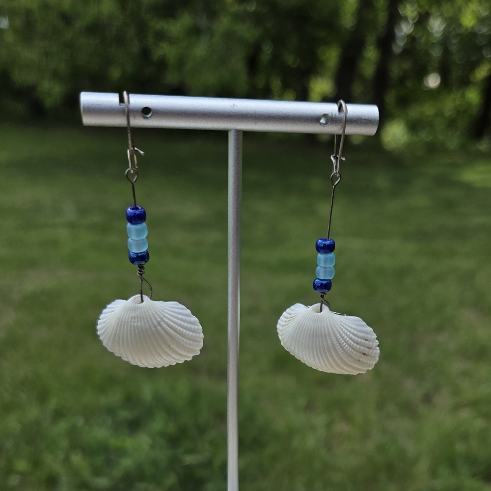 84. White Shell and Blue Bead Earrings